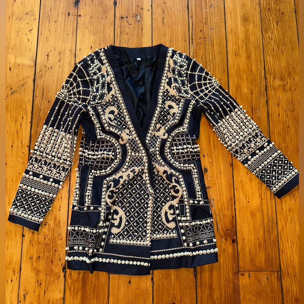 Pearl studded black and gold blazer/dress. Never worn.